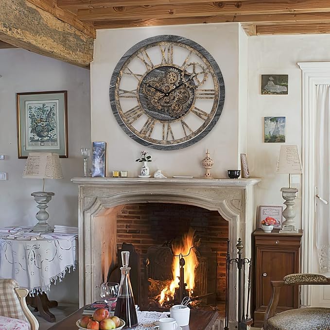 HOIBAI Wall Clock, Large Wall Clocks for Living Room Decor 18 Inch Battery Operated Silent Non-Ticking Modern Farmhouse Vintage Roman Big Wall Clock for Home Bedroom House Office, Moving Gears Clock