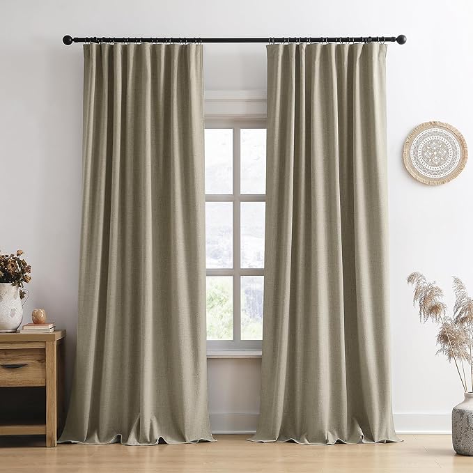 RAIN CITY 102 Inch Long Blackout Curtains for 2 Panels,Energy Efficinet Room Darkening Linen Blend Textured Curtains with Hooks,Track System Black Out Curtains for Living Room Bedroom,2 Panels,Taupe
