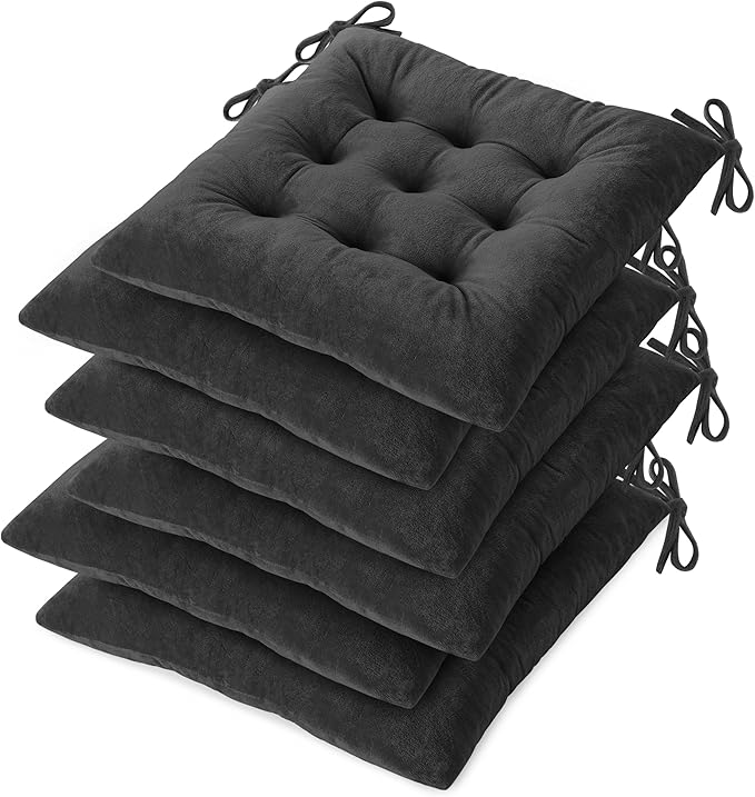 OVOV Chair Cushions for Dining Chairs Set of 6 Tufted Indoor Chair Pads with Ties Soft Square Seat Cushions for Kitchen Chairs 15.5"x15.5",Dark Grey