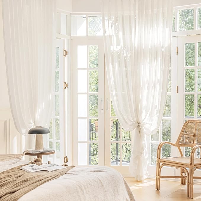 FMFUNCTEX Linen Sheer Sliding Door Curtains for Bedroom, Beige Curtains 96 Inches Long Window Curtain Drapes for Living Room, Natural Patio Glass Door Extra 100 Wide Curtain, Rod Pocket 1 Panel