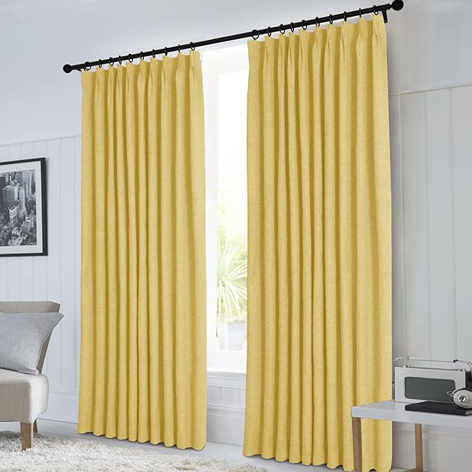 Macochico 100% Blackout Yellow Linen Curtains 84 Inches Long Pinch Pleated Burlap Curtains for Bedroom Living Room Farmhouse Nursery Thermal Window Panels with Tieback 72”Wx84”L 1 Panel