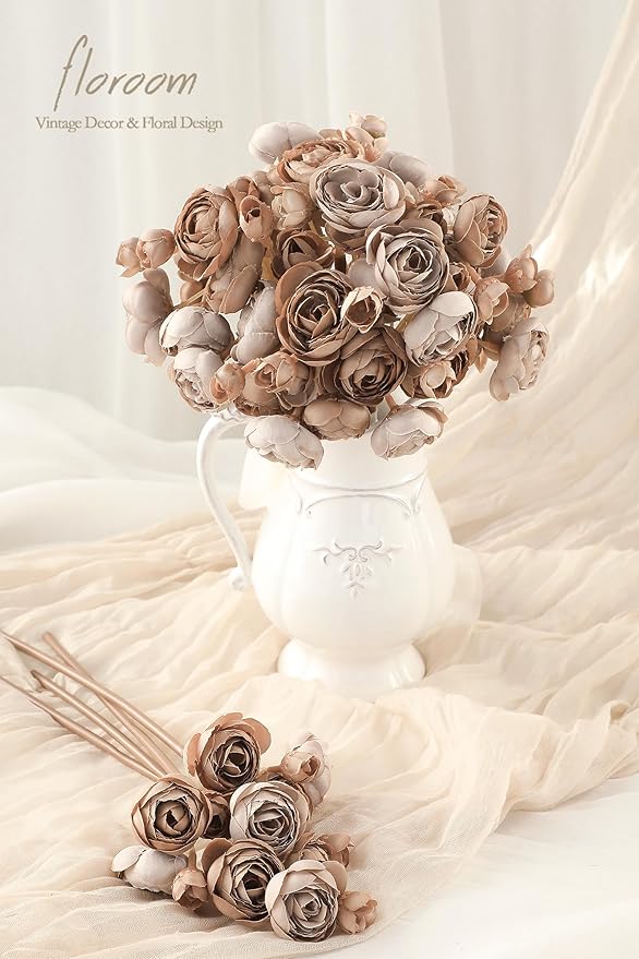 Floroom Ranunculus Artificial Flowers 18 Pcs Taupe Brown Faux Silk Mini Ranunculus Bulk Fake Wedding Filler Flowers for DIY Bouquets, Centerpieces, Bridal Shower Decorations & Arrangements