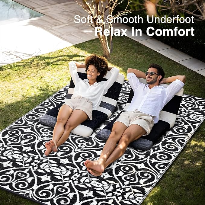 OLANLY Outdoor Rug Waterproof 9x12 ft Clearance, Reversible Outdoor Plastic Straw Rug with Floral Pattern, RV Mat for Patio, Camping, Balcony, Deck, Backyard, Black & White