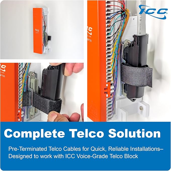 ICC Female to Male 25 Pair Telco Cable 25ft - Cat3 24AWG, 100% Solid Pure Copper, Gray Riser CMR Cable with 90 Degree 50 Pin Telco Connector for Voice and Low Data PBX Applications, 25 Feet