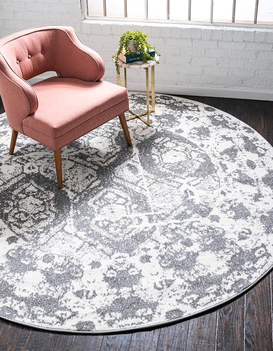 Unique Loom Rosso Collection Vintage, Geometric, Bohemian, Traditional, Distressed, Southwestern Area Rug, Round 4' 0" x 4' 0", Light Gray/Ivory