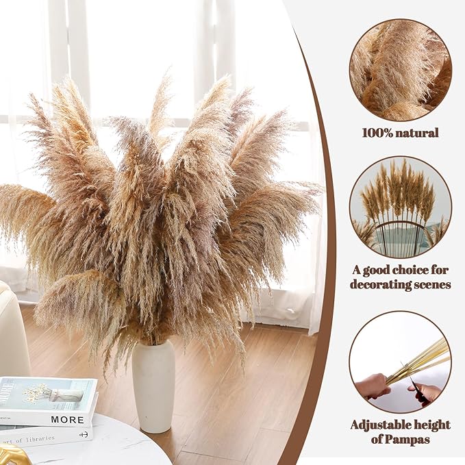 46" inch 11 Stems Natural Pampas Grass Tall Decor,Pompas Grass,Large Borwn Tall Pampas Grass for Floor Vase,Wedding Decorations,Party,Boho Home Decor,and Creating a Boho Ambiance