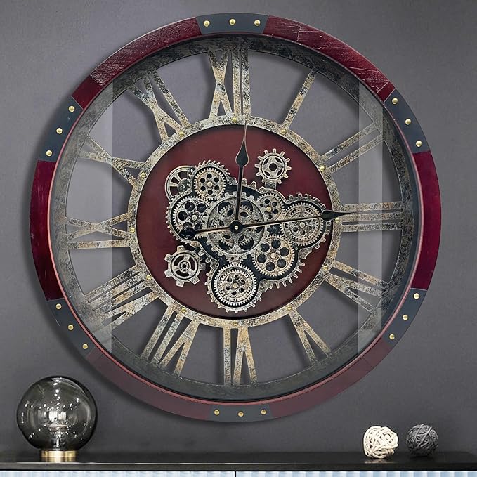 DORBOKER 30" Original Moving Gears Wall Clock, Large Industrial Wall Clock for Living Room Decor, Retro Wood Vintage Farmhouse Steampunk Rustic Clocks for Wall Decor,Cherry Red