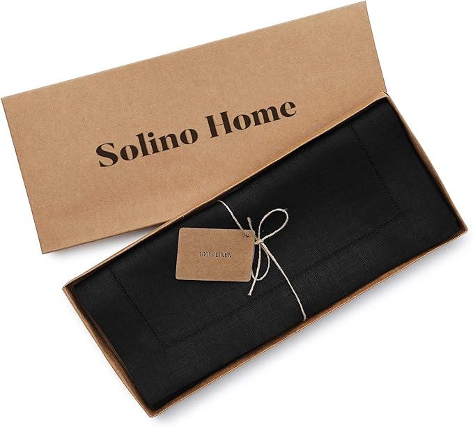 Solino Home Linen Black Table Runner 60 Inches - Classic Hemstitch, 100% Pure Linen Coffee Table Runner 14 x 60 Inch Ideal for Dresser Tables - Fall, Autumn, Halloween, Thanksgiving