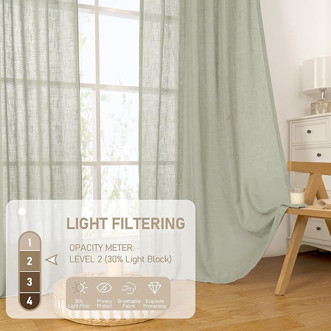 LAMIT Short Linen Curtains 40 Inch Length, Sage Grey Small Window Semi Sheer Drapes Light Filtering Bronze Grommet Neutral Panels for Cafe/Basement, 2 Panels Set, 34 x 40 Inch