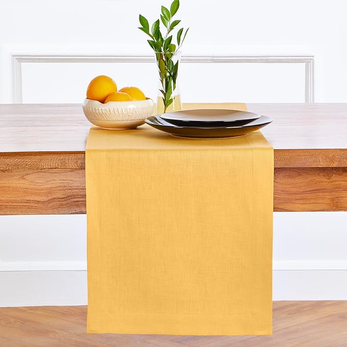 Solino Home Linen Table Runner 120 Inches Long - 100% Pure Linen Mustard Yellow Table Runner 14 x 120 Inch - Fete