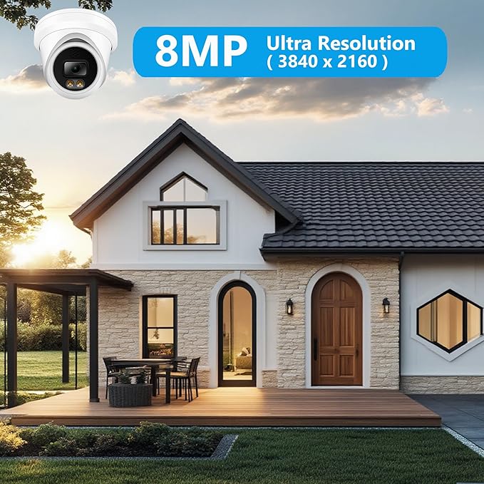 Real HD 8MP 4K PoE IP Full Color Night Vision Security Camera Outdoor, 2.8mm Wide Angle 105° FOV, H.265, Waterproof IP67, Metal Housing Turret Dome IP Camera, NDAA Compliant