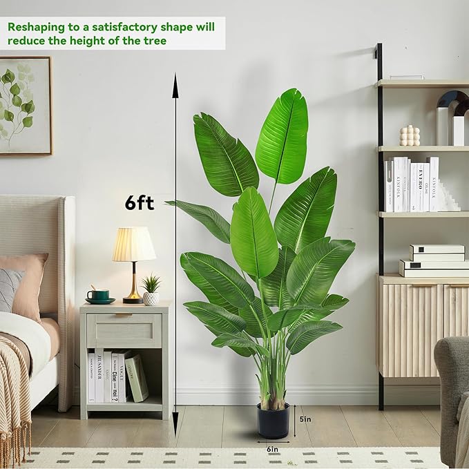 Fake Bird of Paradise Silk Artificial Plant Faux Banana Leaf Tree for Home Decor Indoor Floor Plant with 10 Trunks (1, Black Planter, 6 FT)