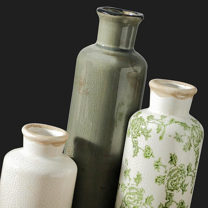 Vintage Vase Set of 3, Ceramic Vintage Flower Vases, Chinoiserie Decorative Home Decor Retro Floral Vase Rustic Farmhouse Decor for Table Bookshelf Mantel Kitchen Living Room Office - Green and Beige