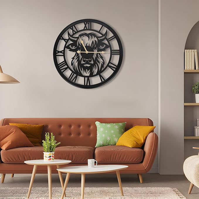 30inch Large Wall Clocks for Living Room Decor,Big Wall Clocks Battery Operated, Slient Black Metal Decorative Oversized Wall Clock for Bedroom, Kitchen (Highland Bull Wall Clock, 30 Inch)