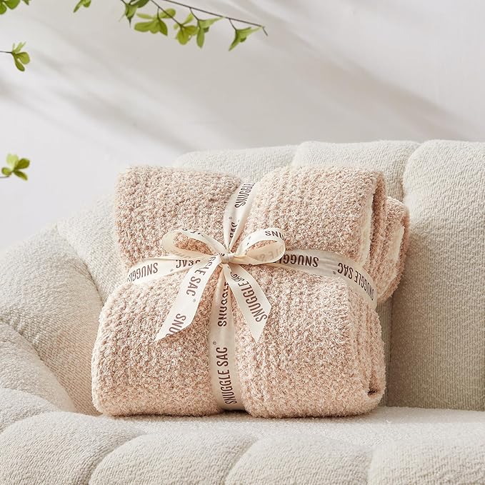 Snuggle Sac Heather Beige Throw Blanket for Couch, Ultra Soft Warm Blankets Cozy Knit Fuzzy Plush Lightweight Throw XL Size for Sofa, Bed, Heather Beige, 50x70 inches