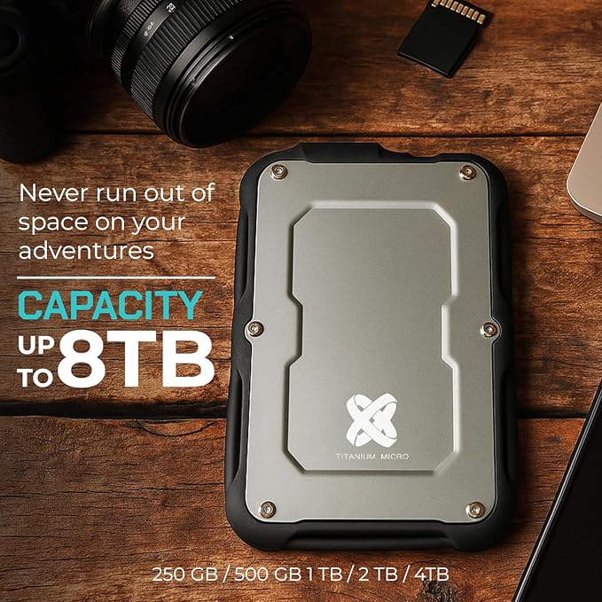 Titanium Micro 500GB External SSD, Titanium One Portable SSD - Up to 550MB/s, USB 3.2 Gen 2 USB-C USBA, Rugged IP66 Water Drop Resistance, External Solid State Drive Storage for PC Mac Smartphone
