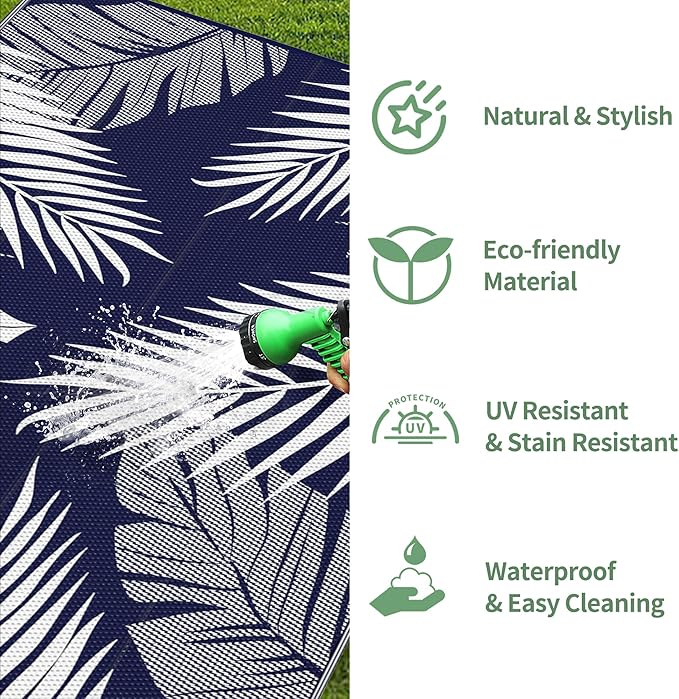GENIMO Outdoor Rug 2.5' x 8' Waterproof for Patios Clearance, Reversible Outdoor Plastic Straw Camping Rug Carpet, Large Area Rugs Mats for RV, Camper, Deck, Balcony, Porch, Beach, Navy Blue&White