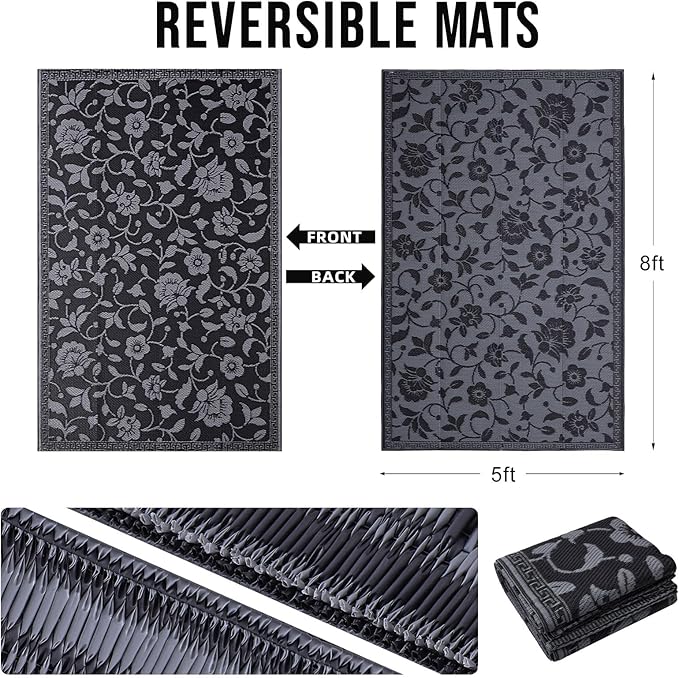 OLANLY Waterproof Outdoor Rug 5x8 ft, Outdoor Plastic Straw Rug with Flower Pattern, Reversible RV Mat for Patio, Camping, Balcony, Deck, Backyard, Black & Grey