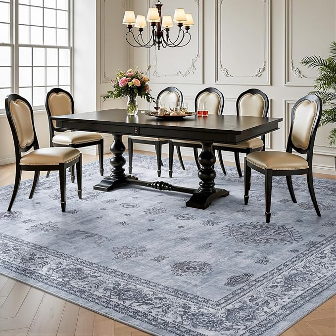 AMOAMI-Vintage Area Rug 8X10 Blue Rugs for Living Room-Soft Living Room Rug Non Slip Rugs for Bedroom Carpet Machine Washable Rug for Dining Room Bedside Office Room Decor