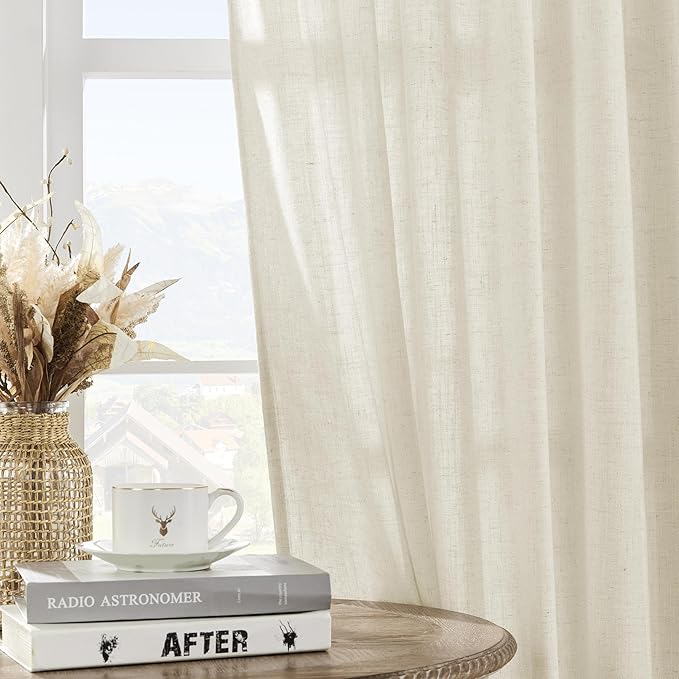 Joydeco Linen Curtains 2 Panel Set - Light Filtering, Ivory on Linen, 96 Inch for Living Room, Cream Drapes With Rod Pocket Back Tab (96" L x 37" W)