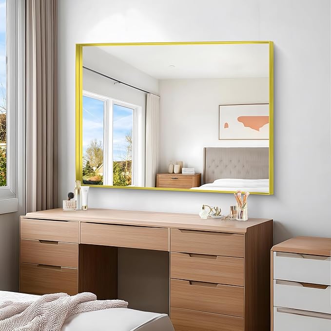 Gold Bathroom Mirror, 36x48 Inch Rectangular Framed Mirror, Large Wall Mounted Bathroom Vanity Mirror Over Sink for Bedroom,Restroom, Living Room, Hangs Vertically or Horizontally
