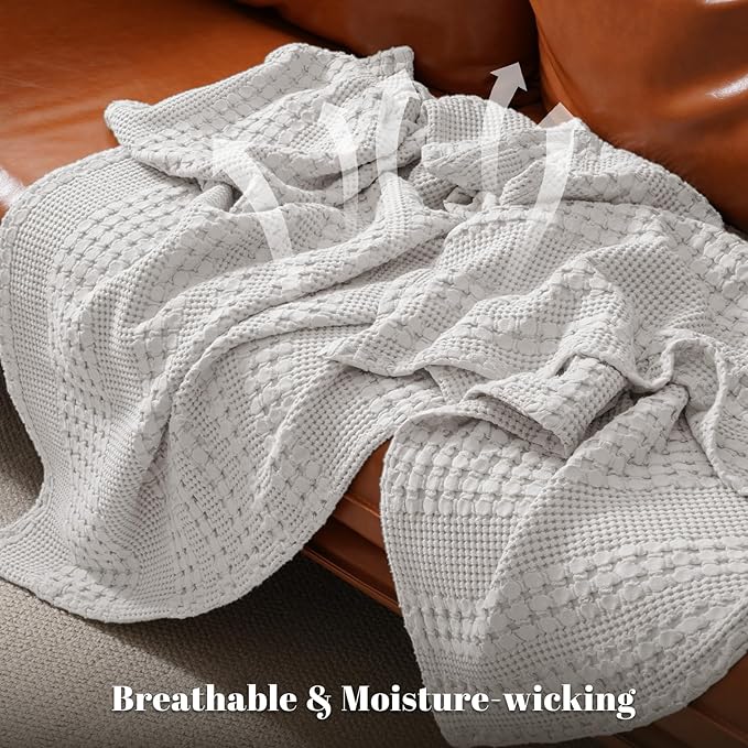 PHF 100% Cotton Waffle Weave Throw Blanket, Soft Lightweight Breathable Cozy Summer Throws for Couch Bed Sofa, Luxury Aesthetic Woven Blanket for Home Decor & Office, 50"x60", Light Grey