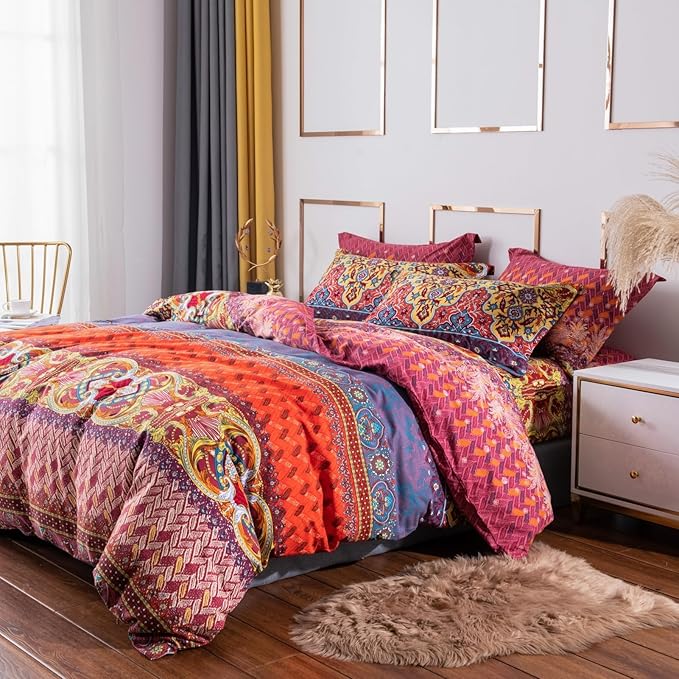 ABREEZE Bohemian Duvet Cover Set Colorful Orange Boho Retro Bedding Set Damask Paisley Cotton Duvet Cover Tribal Reversible Bedding Exotic Style Comforter Cover 3-Piece Cal.King
