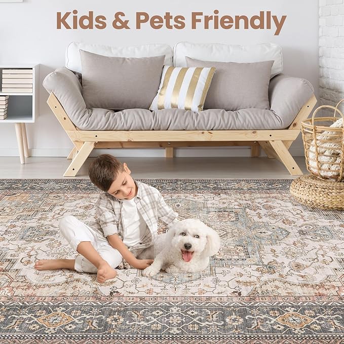 Washable Area Rugs for Living Room - 7x9 Neutral Vintage Distressed Floral Farmhouse Boho Large Soft Floor Rug Indoor Non Slip Carpet for Living Room Bedroom Dining Room Office - Forest Green Orange