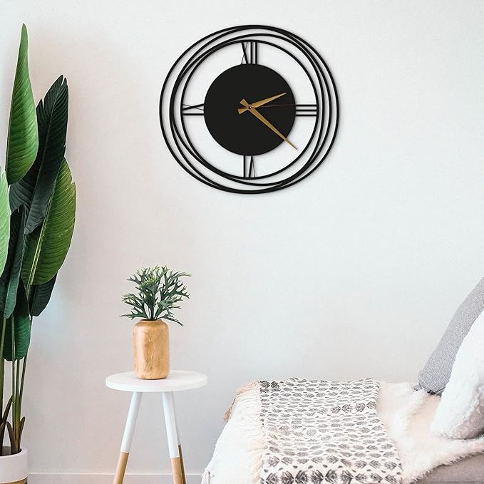 Circular Harmony Wall Clock – 24 Inch Large, Silent Non-Ticking Quartz, Black Metal Decorative Clock for Living Room, Dining Room, Office