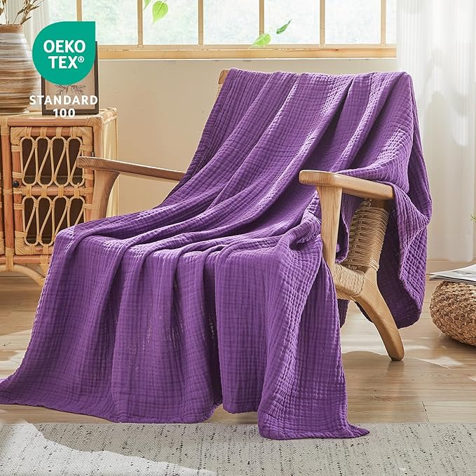 EMME Cotton Muslin Throw Blanket Couch Breathable Gauze Blanket Soft Lightweight Blankets Adults (Purple, 50"x60")