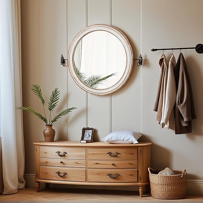 Round Bathroom Mirror for Vanity-Distressed Wood Circle Mirror, Farmhouse Entryway Mirror and Decorative Wall Mirrors for Living Room