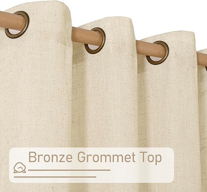 LAMIT Short Linen Window Curtains 30 Inches Long 2 Panels, Beige Semi Sheer Light Filtering Panels Bronze Grommet Neutral Drapes for Basement/Small Windows, 34 x 30 Inch