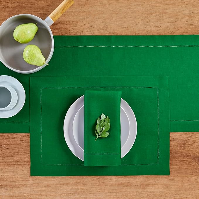 Solino Home Linen Table Runner 48 Inches - 100% Pure Linen Garden Green Hemstitch Table Runner 14 x 48 Inch Ideal for Dresser and Coffee Tables - Classic Hemstitch