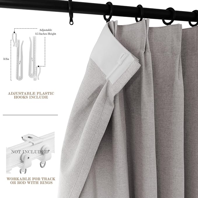 Browish Grey Pinch Pleat 100% Blackout Drapes Linen Blend, Room Divider, Room Darkening, Energy Saving, Furniture Protecting, Light Blocking Extra Wide Privacy Curtains, 200Wx108L, 1 PC