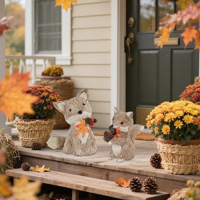 winemana Fall Decor Thanksgiving Decoration Sisal Fox, Set of 2 Table Centerpiece Foxes Animals Figurines, Handmade Ornaments Autumn Fall Decorations for Home Mantel Fireplace