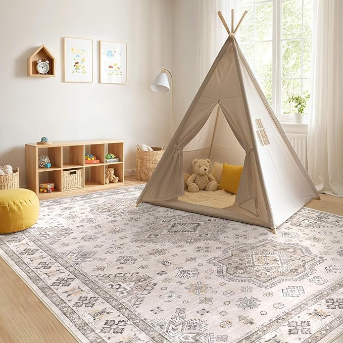 Washable Area Rugs for Living Room -10x12 Neutral Vintage Distressed Floral Farmhouse Boho Large Soft Floor Rug Indoor Non Slip Carpet for Living Room Bedroom Dining Room Office-Beige Brown