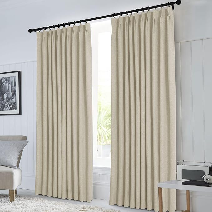 Macochico Pinch Pleated Full Blackout Curtains for Bedroom Living Room Beige Linen Curtains Thermal Insulated and Noise Reducing Window Panels with Tieback Shabby Chic Decor 84”Wx84”L 1 Panel