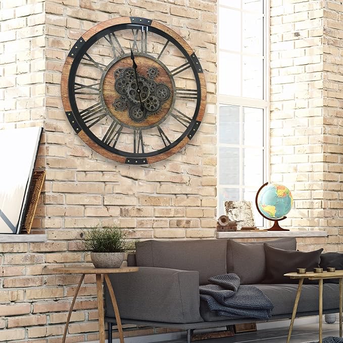 DORBOKER 30'' Large Wall Clock Real Moving Gears Oversized Industrial Solid Wood Rusic Farmhouse Clocks for Living Room Wall Decor Home Office, 30 inch 76cm, Brown and Vintage Bronze