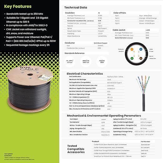 trueCABLE Cat5e Outdoor, Unshielded UTP, 500ft, UV Resistant, CMX Rated, Black, 24AWG Solid Bare Copper, 350MHz, PoE++ (4PPoE), ETL Listed, Bulk Ethernet Cable