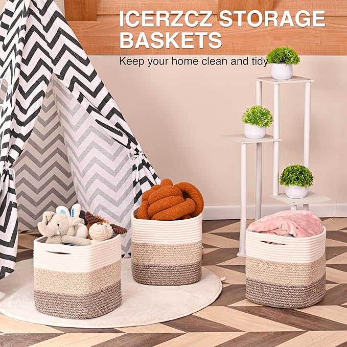11 Inch Cube Storage Bins, Storage Cube Organizer Bins, Woven Cotton Rope Baskets for Storage, Storage Basket for Organizing Shelves, Square Baskets for Toys, Gradient Brown (Pack of 3)