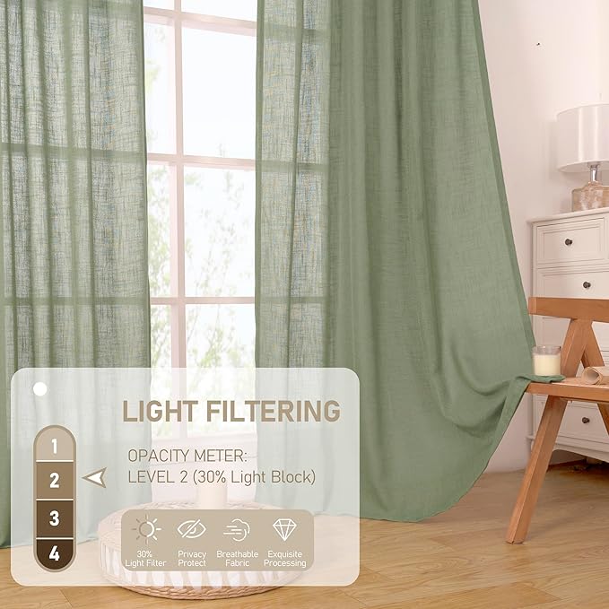 LAMIT Sage Green Linen Curtains 78 Inches for Living Room, Bronze Grommet Linen Textured Farmhouse Curtains Light Filtering Drapes for Bedroom/Dining Room, Set of 2, 52 x 78 Inch