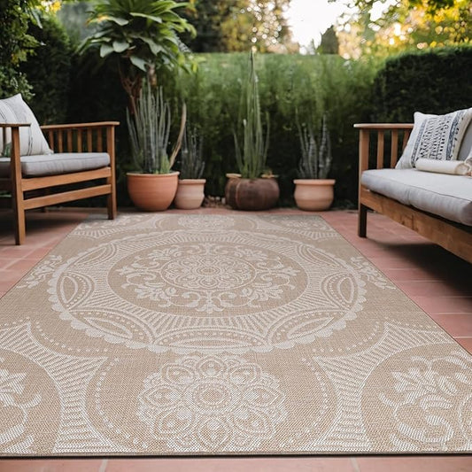 Medallion Outdoor Rug 9x12 Washable Outside Carpet for Indoor Patio Porch Waterproof Easy Cleaning Non Shedding Area Rugs Beige 9 x 12