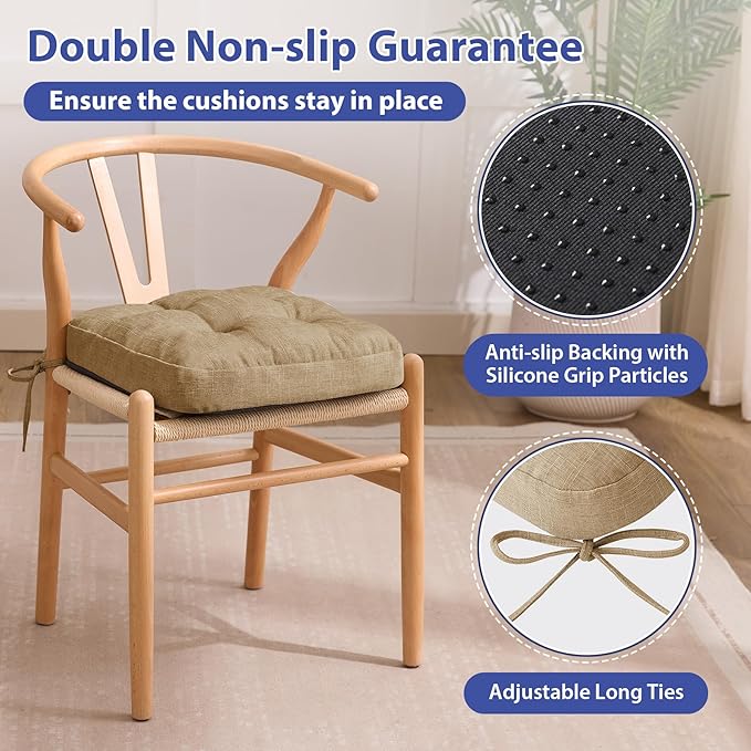 Chair Cushions for Dining Chairs, Dining Chair Cushions, Tufted Indoor Chair Pads with Ties & Non Slip Backing, Seat Cushions for Kitchen Chairs 16.5” x 16.5” x 3.5”, Set of 6, Khaki