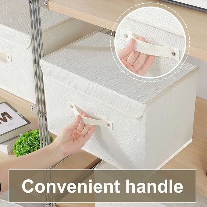Storage Boxes, Collapsible Storage Bins with Lids, Cotton and linen cloth Storage Baskets with Handle, for Books, Closet, Bedroom, Home, 15x9.8x9.8 in, Beige