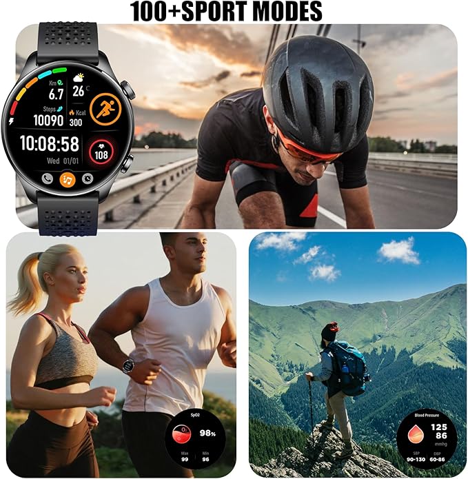 Smartwatch for Men & Women, 1.43" AMOLED Fitness Tracker GPS, Bluetooth Call, Heart Rate, Blood Oxygen (SpO2), Sleep Monitor, 100+ Sports Modes, iPhone & Android - Black