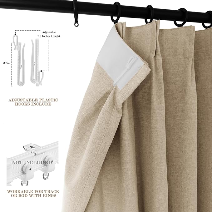 100" W x 96" L Faux Linen Room Divider Curtains, Full Blackout Pinch Pleated Drapes for Traverse Rod, Bedroom Divider Privacy Drapery with Hooks for Ceiling Track, 1 Panel, Sand Beige