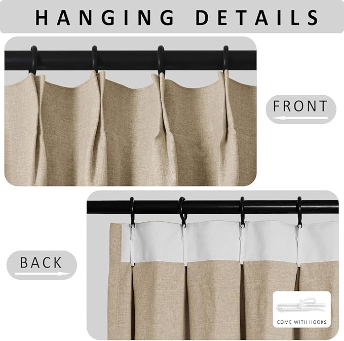 Macochico Pinch Pleated Blackout Curtains 102 Inches Long 100% Blackout Natural Linen Drapes for Bedroom Living Room Windows Farmhouse Burlap Curtains with Tieback 52”Wx102”L Sand Beige 1 Panel