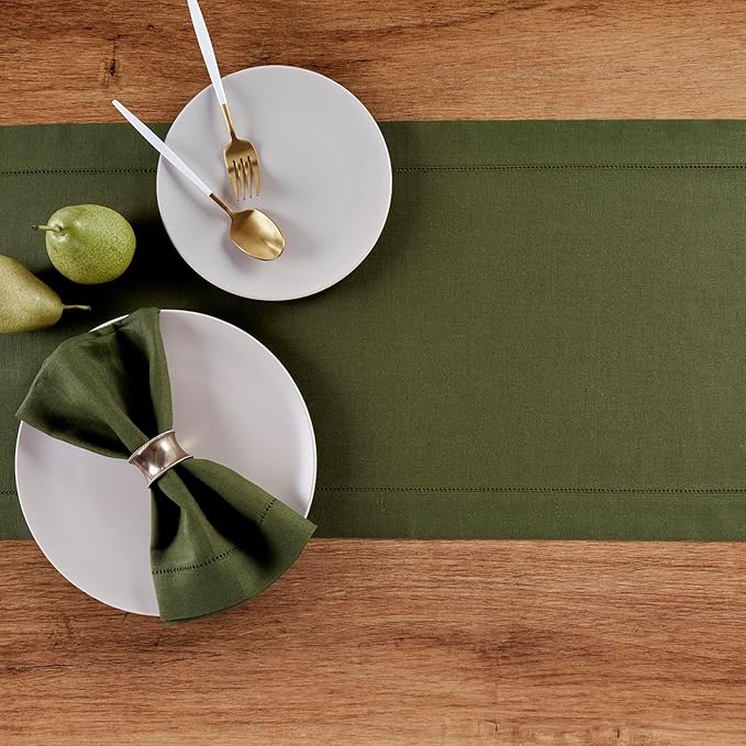Solino Home Olive Linen Table Runner 156 Inches Long - 100% Pure Linen Classic Hemstitch Table Runner 14 x 156 Inch for Wedding, Parties, Fall, Autumn, Thanksgiving