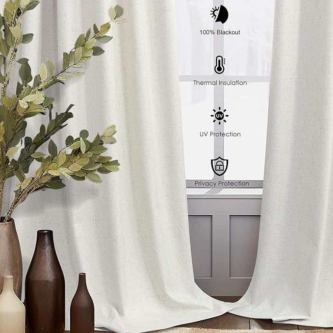 Elegant Natural Linen Blackout Curtains 120 Inches Long 2 Panels Set for Bedroom Extra Wide Large Window Back Tab Pocket Ceiling Sliding Glass Patio Door Drapes 10 ft Thermal Insulated Cottage Core