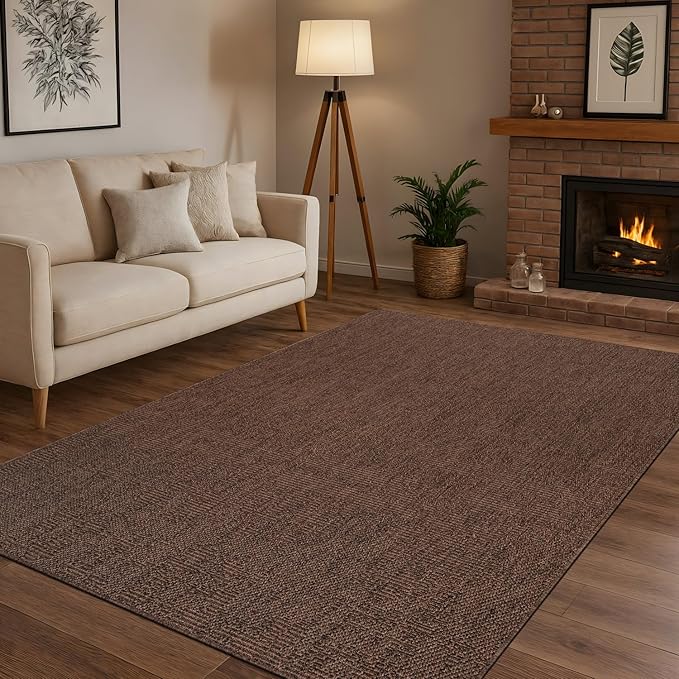 CAMILSON Easy Jute Rug 6x9, Indoor Outdoor Brown Color Fiber Area Rugs for Living Room Patio and Kitchen Rug, Solid Boho Woven Design, Easy-Cleaning, Washable Outside Carpet Alfombras (6 x 9)